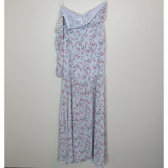 HELLO MOLLY floral maxi Dress Sze 6 blue One Shoulder front slit Ruffle Cocktail - Picture 7 of 8